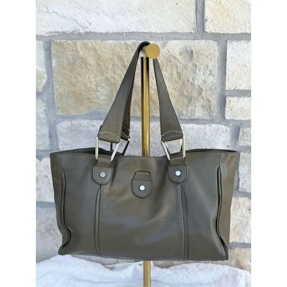 Vintage Falor Made in Italy Olive Green 100% Leather Handbag Tote Purse #500